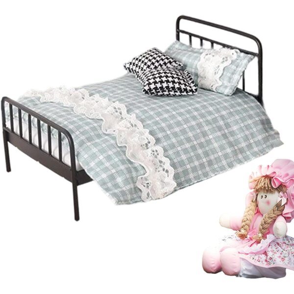 Set letto in miniatura vintage 1:12 con materasso e trapunta per casa delle bambole