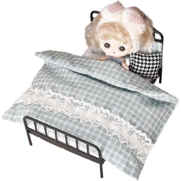 Set letto in miniatura vintage 1:12 con materasso e trapunta per casa delle bambole
