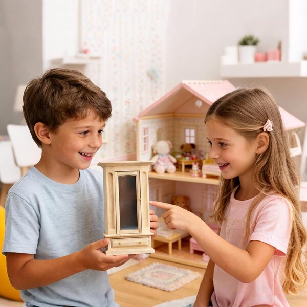 Mini armadio in legno con specchio acrilico e 3 maniglie per casa delle bambole 1:12