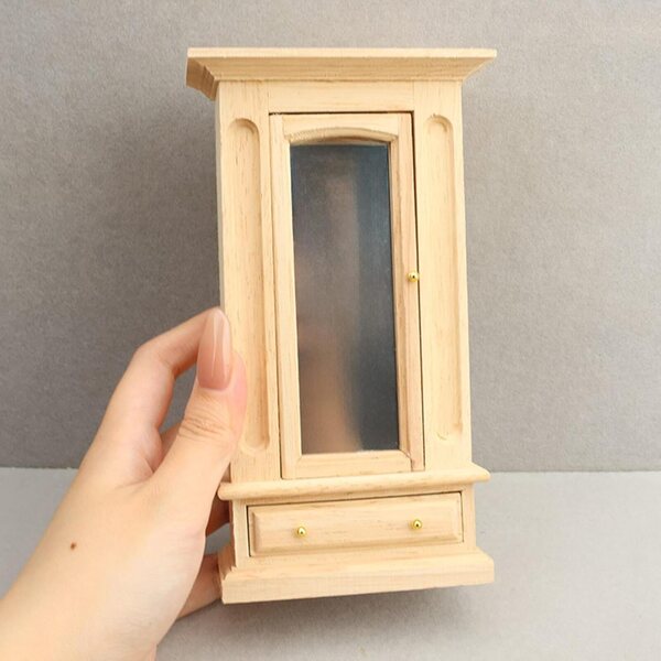 Mini armadio in legno con specchio acrilico e 3 maniglie per casa delle bambole 1:12