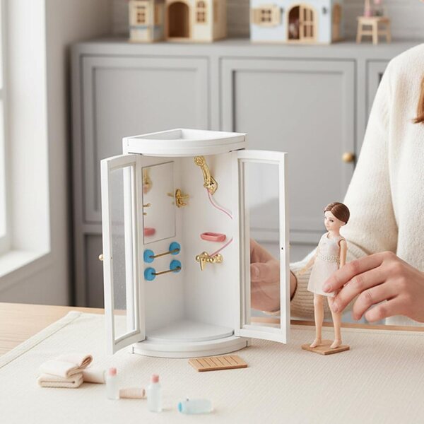 Weiße Puppenhaus-Duschkabine im Maßstab 1:12 mit realistischen Details