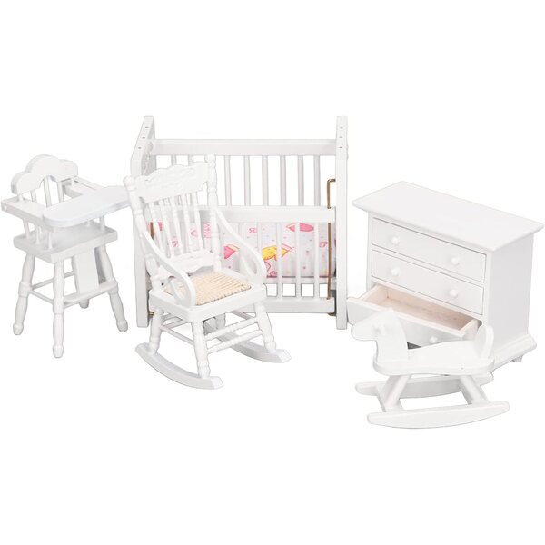1:12 Birken-Puppenhaus-Miniaturmöbel-Set mit Kinderbett und Hochstuhl