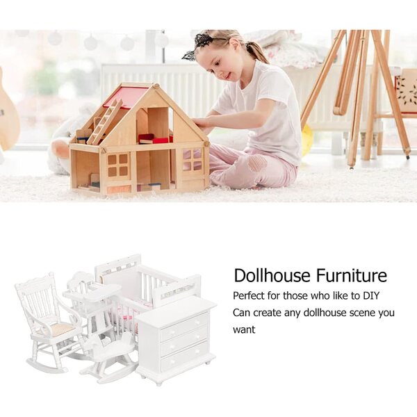 1:12 Birken-Puppenhaus-Miniaturmöbel-Set mit Kinderbett und Hochstuhl