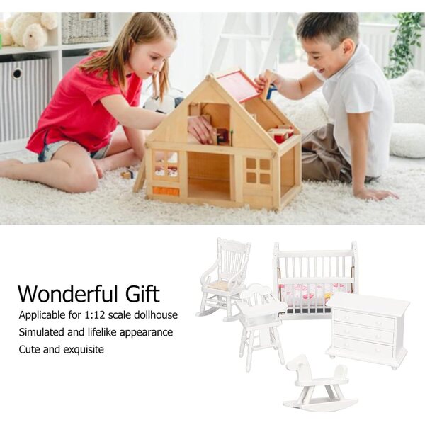 1:12 Birken-Puppenhaus-Miniaturmöbel-Set mit Kinderbett und Hochstuhl