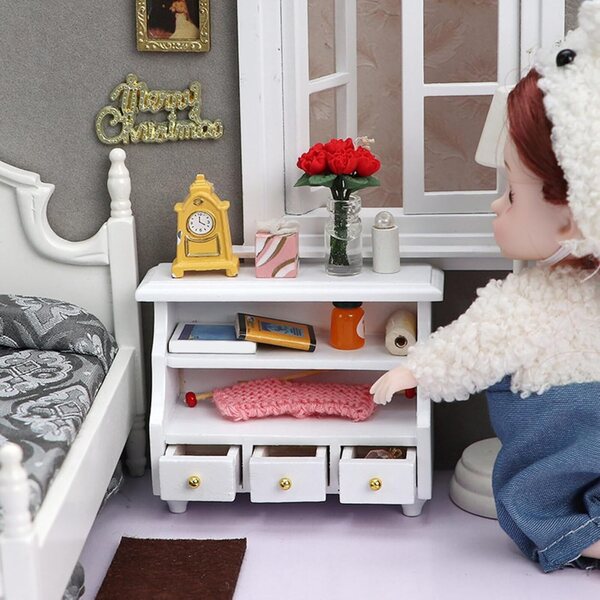 Armadietto in miniatura in legno bianco per casa delle bambole 1:12 con cassetti funzionanti