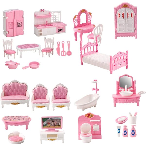 Realistisches 4-teiliges Puppenhaus-Möbelset für Schlafzimmer, Küche, Bad, Wohnzimmer