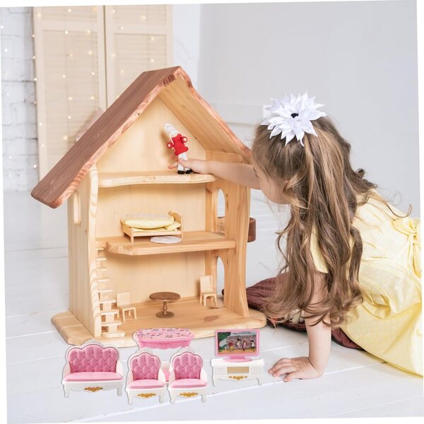 Realistisches 4-teiliges Puppenhaus-Möbelset für Schlafzimmer, Küche, Bad, Wohnzimmer
