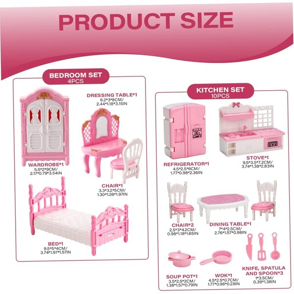 Realistisches 4-teiliges Puppenhaus-Möbelset für Schlafzimmer, Küche, Bad, Wohnzimmer