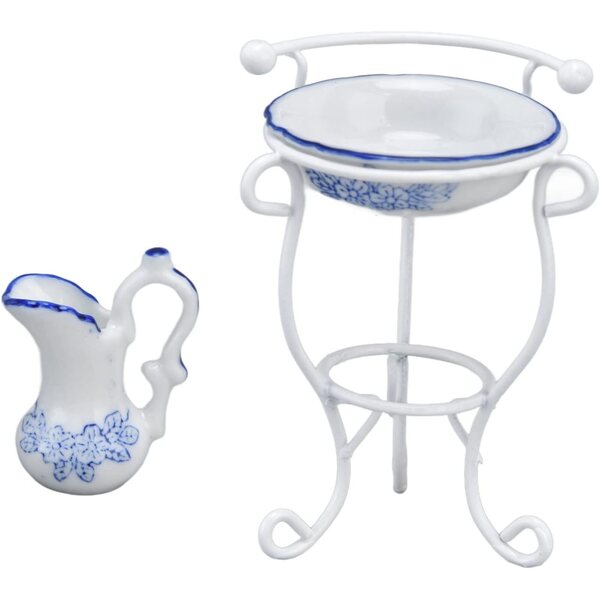 HEEPDD Set da Bagno per Casa delle Bambole 1:12 con Supporto, Bollitore e Lavabo in Ceramica