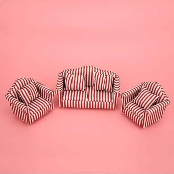 Mini-Puppenhaus-Sofa-Set 1:12 aus Holz und Stoff mit 4 eleganten Kissen