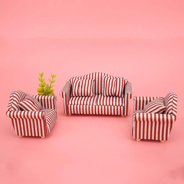 Mini-Puppenhaus-Sofa-Set 1:12 aus Holz und Stoff mit 4 eleganten Kissen