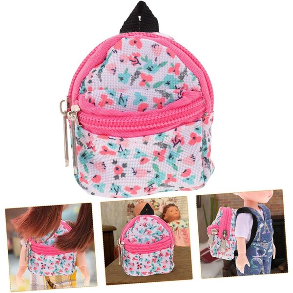 Zaino miniatura per bambole con stampa floreale, set 2 pezzi, accessorio giochi e viaggi