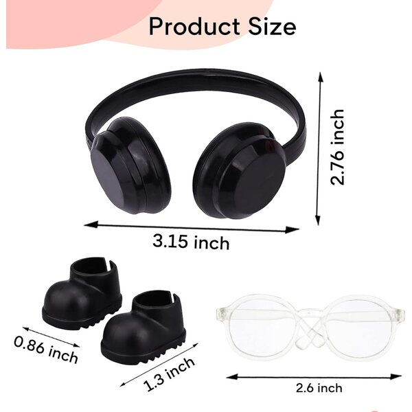 Sunla Puppenzubehör-Set, 17 cm, elegante Schuhe, Brille, Kopfhörer, schwarz