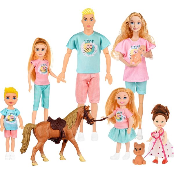 Set mit 7 TREKFOX-Familienpuppen mit schwangerer Mutter, Vater, 4 Kindern, Hund und Pferd