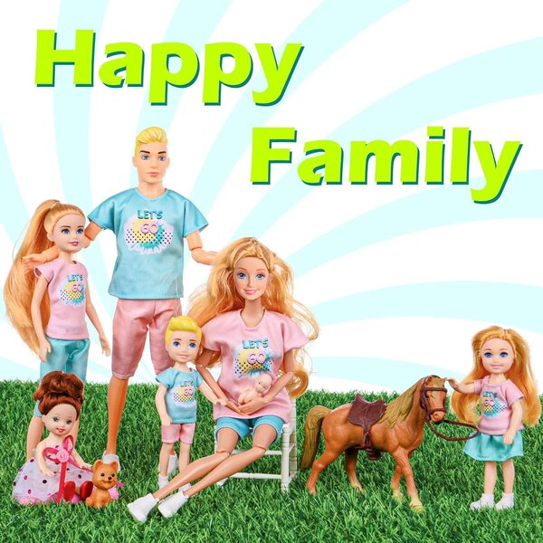 Set mit 7 TREKFOX-Familienpuppen mit schwangerer Mutter, Vater, 4 Kindern, Hund und Pferd