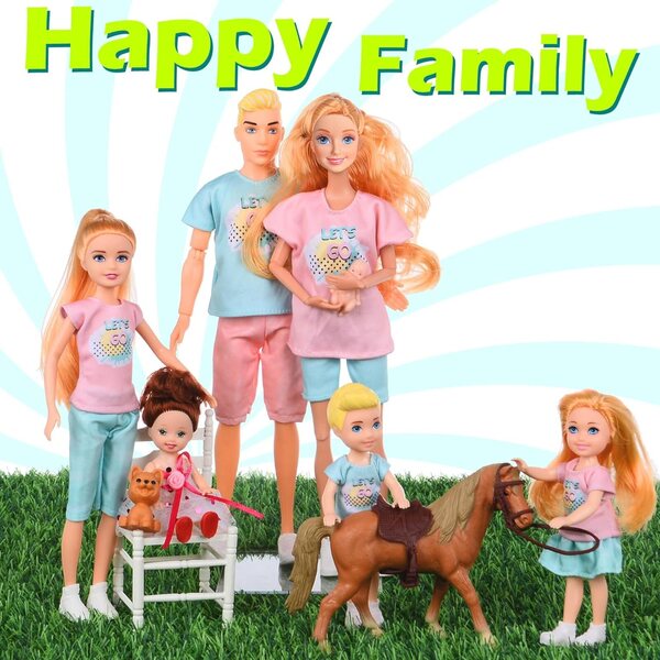 Set mit 7 TREKFOX-Familienpuppen mit schwangerer Mutter, Vater, 4 Kindern, Hund und Pferd