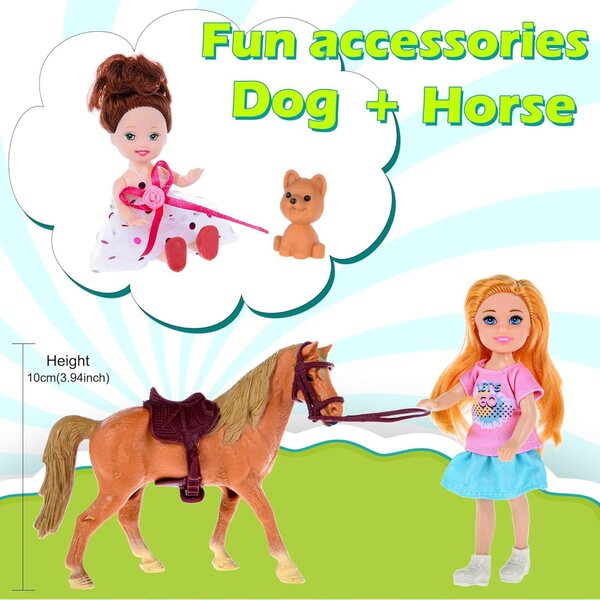 Set mit 7 TREKFOX-Familienpuppen mit schwangerer Mutter, Vater, 4 Kindern, Hund und Pferd