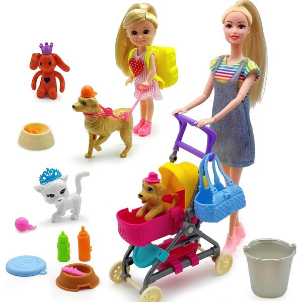 DSHMIXIA Spielset mit Puppen, umwandelbarem Kinderwagen und Tieren für Kinder von 3–12 Jahren