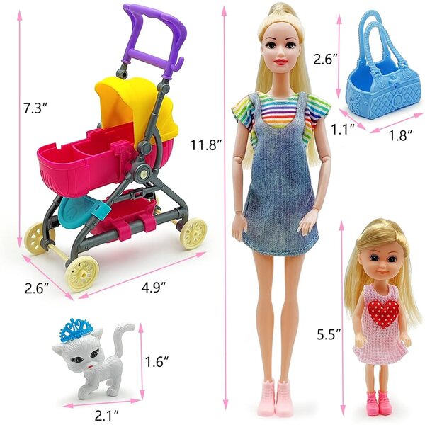 DSHMIXIA Spielset mit Puppen, umwandelbarem Kinderwagen und Tieren für Kinder von 3–12 Jahren