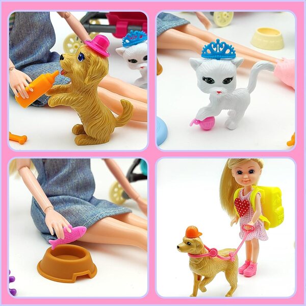 DSHMIXIA Spielset mit Puppen, umwandelbarem Kinderwagen und Tieren für Kinder von 3–12 Jahren