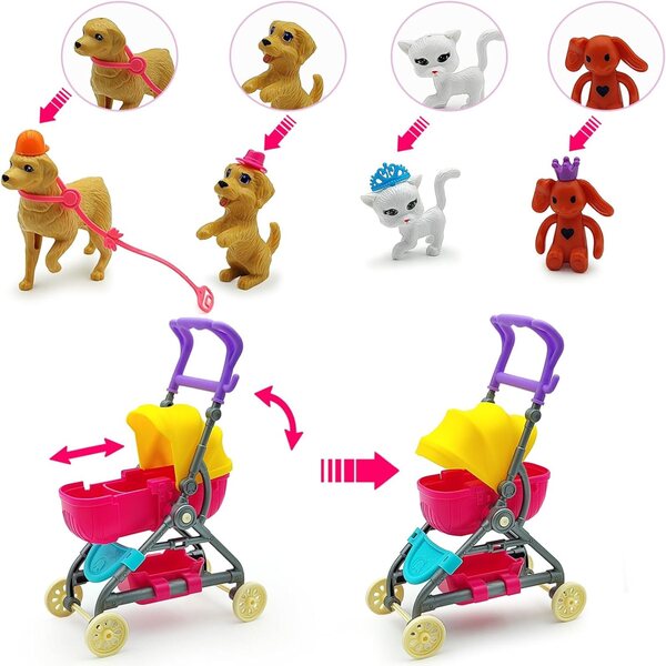 DSHMIXIA Spielset mit Puppen, umwandelbarem Kinderwagen und Tieren für Kinder von 3–12 Jahren