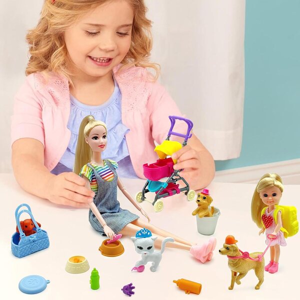 DSHMIXIA Spielset mit Puppen, umwandelbarem Kinderwagen und Tieren für Kinder von 3–12 Jahren