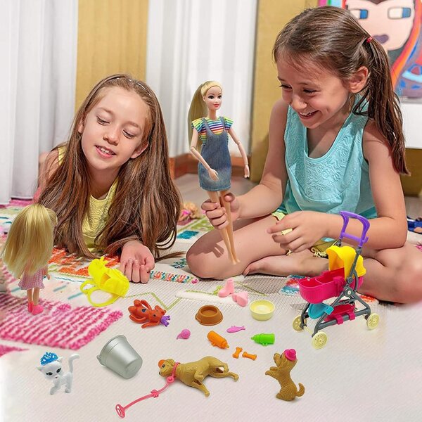 DSHMIXIA Spielset mit Puppen, umwandelbarem Kinderwagen und Tieren für Kinder von 3–12 Jahren