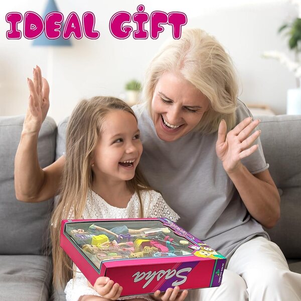 DSHMIXIA Spielset mit Puppen, umwandelbarem Kinderwagen und Tieren für Kinder von 3–12 Jahren
