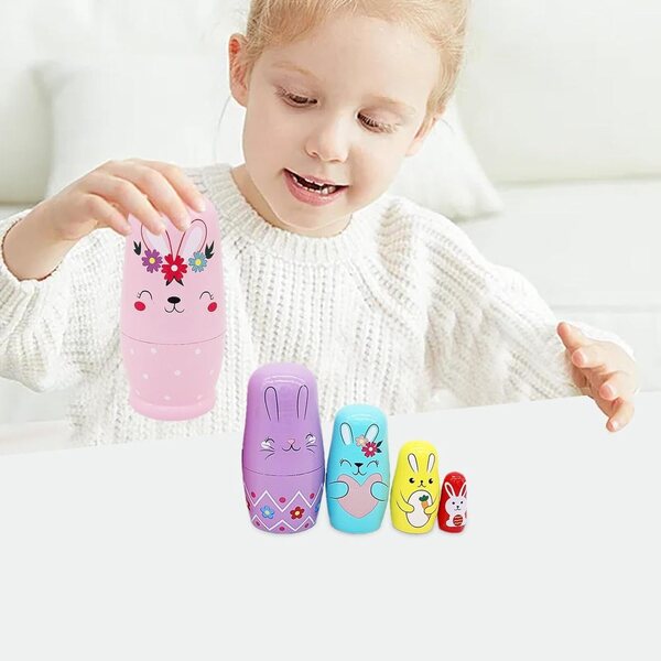 Bambole nidificatrici in legno con design coniglio - Gioco educativo e decorativo