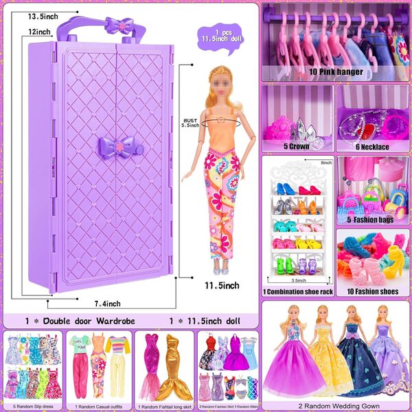 ebuddy 29,2 cm große Puppe mit Kleiderschrank, Prinzessinnenkleidung und Modeaccessoires für Mädchen