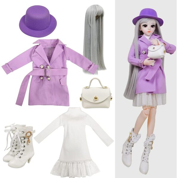 Set Proudoll per bambole BJD 1/3 60 cm - cappotto viola, abito, cappello, stivali e parrucca
