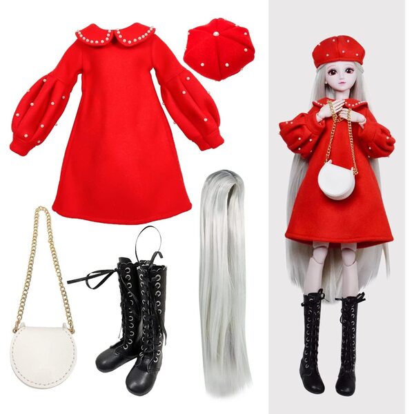 Set Abito Rosso Elegante per Bambole 1/3 Proudoll - Completo con Parrucca, Berretto e Accessori