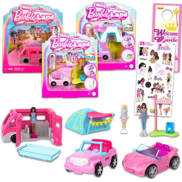 Barbie Mini Barbieland-Set mit 3 Fahrzeugen und Puppen, perfekt für Geschenke und Partys