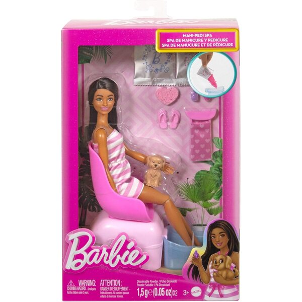 Barbie Mani-Pedi Spa Playset con Bambola Bruna, Cucciolo e Accessori Magici