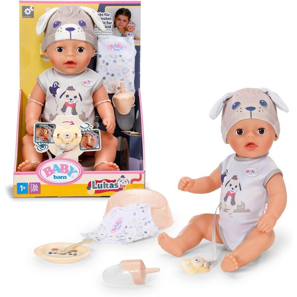 BABY born Lukas 36 cm mit Hunde-Strampler, 7 Funktionen ohne Batterien für Kinder ab 1 Jahr