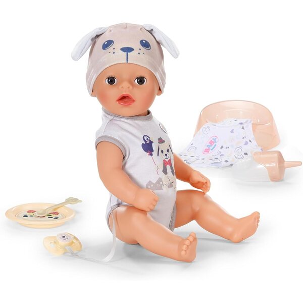 BABY born Lukas 36 cm mit Hunde-Strampler, 7 Funktionen ohne Batterien für Kinder ab 1 Jahr