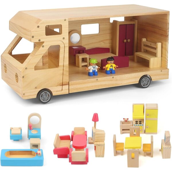 Casa delle bambole in legno per camper con set mobili completo e accessori