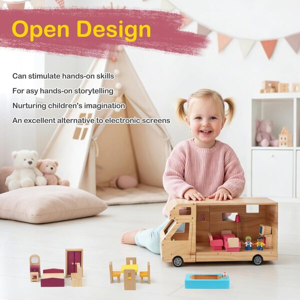 Casa delle bambole in legno per camper con set mobili completo e accessori