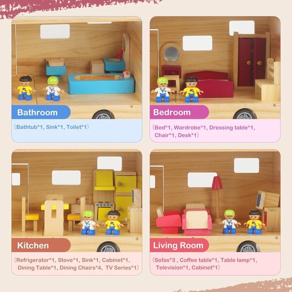 Casa delle bambole in legno per camper con set mobili completo e accessori