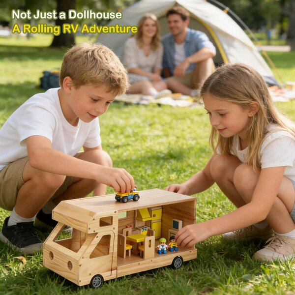 Casa delle bambole in legno per camper con set mobili completo e accessori