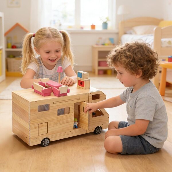 Casa delle bambole in legno per camper con set mobili completo e accessori