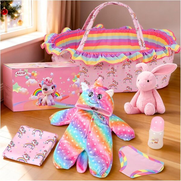 ARTST Reborn Set Accessori Bambola con Culla Unicorno Arcobaleno per Bambini 17-22 pollici