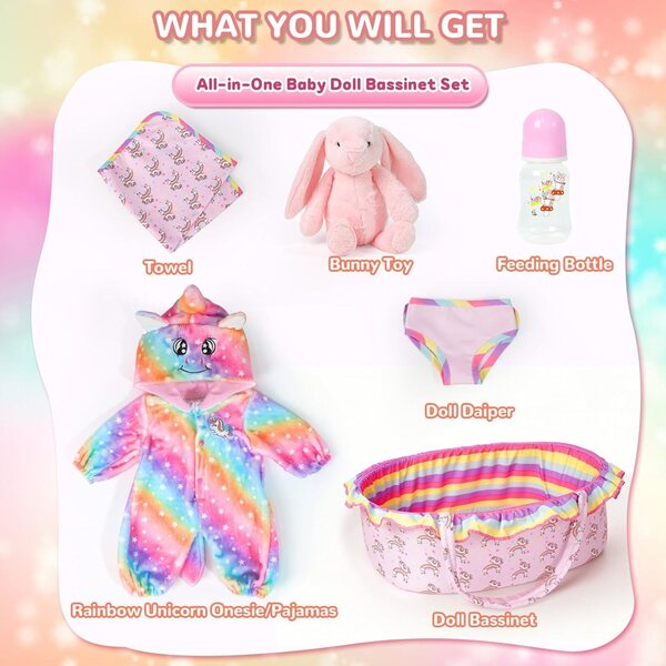 ARTST Reborn Set Accessori Bambola con Culla Unicorno Arcobaleno per Bambini 17-22 pollici