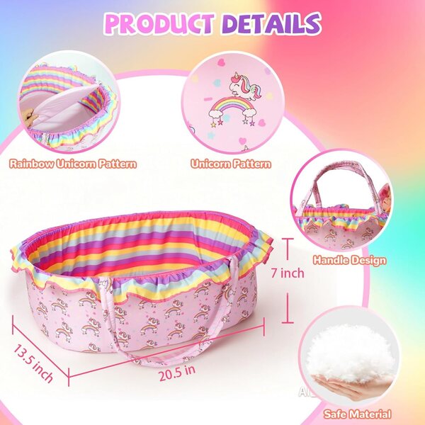 ARTST Reborn Set Accessori Bambola con Culla Unicorno Arcobaleno per Bambini 17-22 pollici