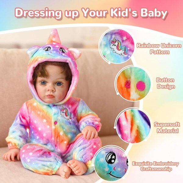 ARTST Reborn Set Accessori Bambola con Culla Unicorno Arcobaleno per Bambini 17-22 pollici