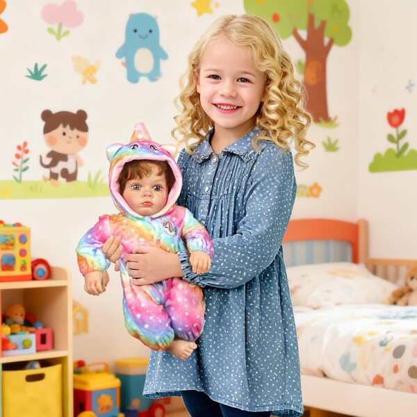 ARTST Reborn Set Accessori Bambola con Culla Unicorno Arcobaleno per Bambini 17-22 pollici