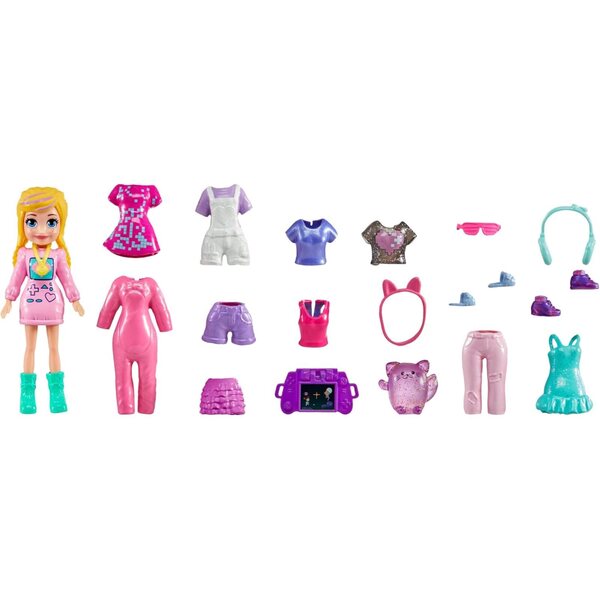 Polly Pocket Gamer Modeset mit Puppe, 18 Kleidungsstücken und Tier für Mädchen