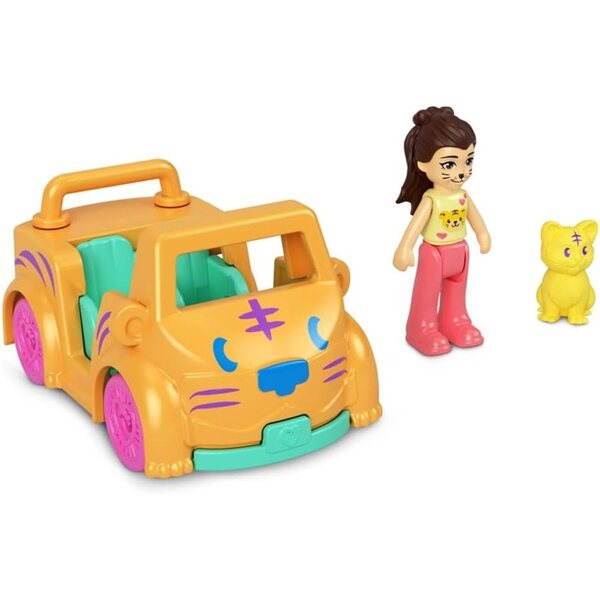 Polly Pocket-Set mit Metallfahrzeug, beweglicher Puppe und Haustier