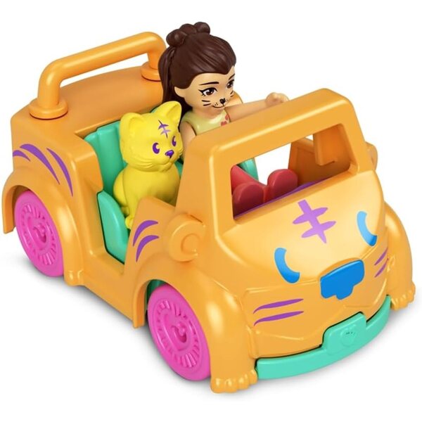 Polly Pocket-Set mit Metallfahrzeug, beweglicher Puppe und Haustier