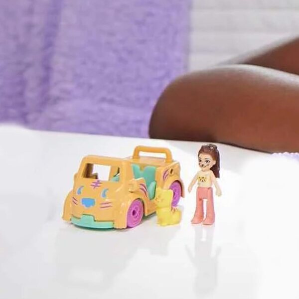 Polly Pocket-Set mit Metallfahrzeug, beweglicher Puppe und Haustier